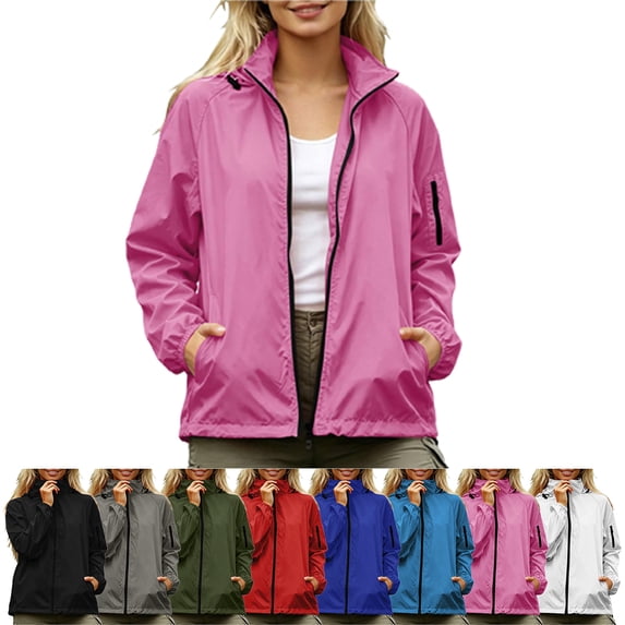 SYwaren Women's Fashion Rain Jacket Full Zip Hooded Windbreaker Water Resistant Windproof Outdoor Long Sleeve with Pockets
