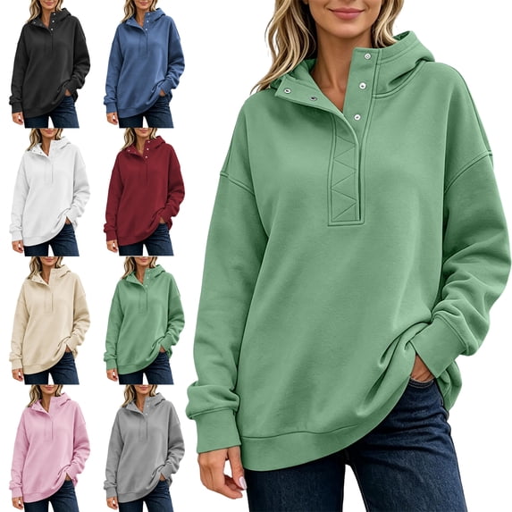 SYwaren Women's Half Button Hoodie Oversized Pullover Casual Long Sleeve Fall Sweatshirt Solid Color Tops