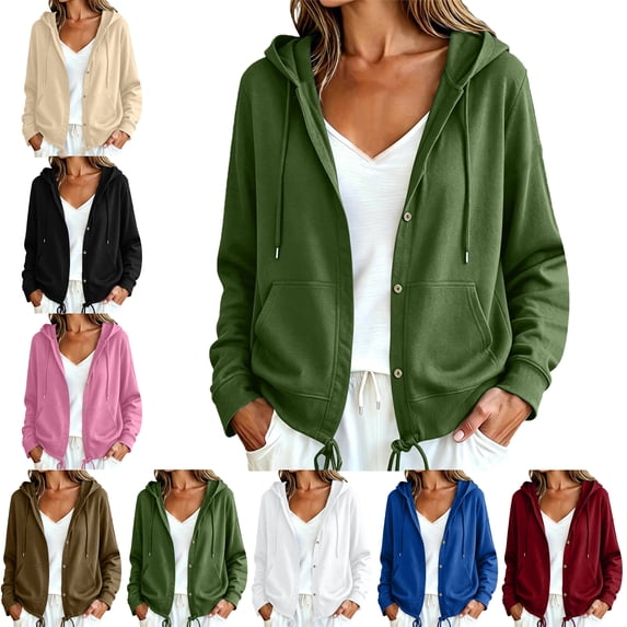 SYwaren Women's Long Sleeve Button Up Shirt Casual Hooded Loose Solid Color Oversized Top Fashion Trendy Stylish