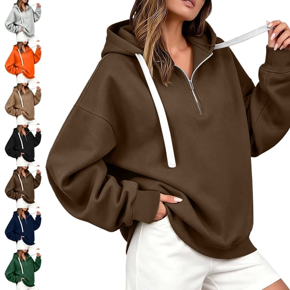 SYwaren Women's Long Sleeve Oversized Half Zip Hoodie Casual Sweatshirt Side Slit Tops