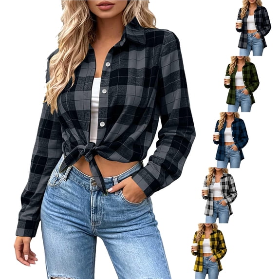 SYwaren Women's Long Sleeve Plaid Lapel Button Down Cardigan Loose Oversized Lightweight Casual Fashion Open Front Shacket Jacket Top