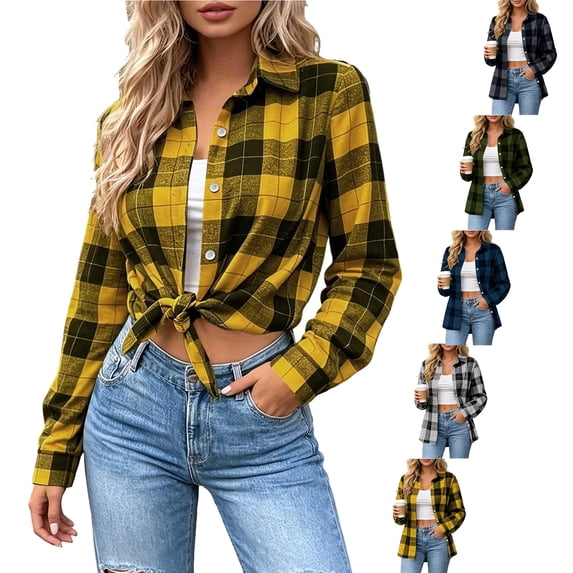 SYwaren Women's Long Sleeve Plaid Lapel Button Down Cardigan Loose Oversized Lightweight Casual Fashion Open Front Shacket Jacket Top