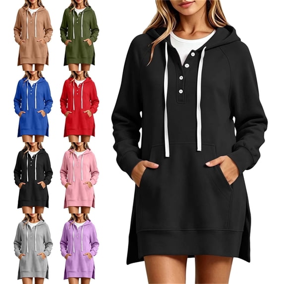 SYwaren Women's Longline Hoodie Sweatshirt Button Drawstring Pullover Side Slit Pockets Solid Color Tops