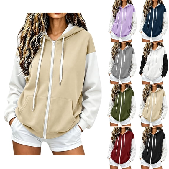Women's Color Block Zip Up Hoodie Long Sleeve with Pockets Loose Fit Casual Weekend Wear