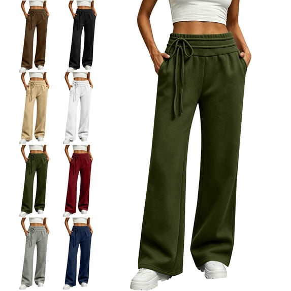 SYwaren Women's Loose Wide Leg Sweatpants Casual Baggy Elastic Waist Drawstring Solid Color Winter Flowy Fashion Everyday Lounge Pants with Pockets