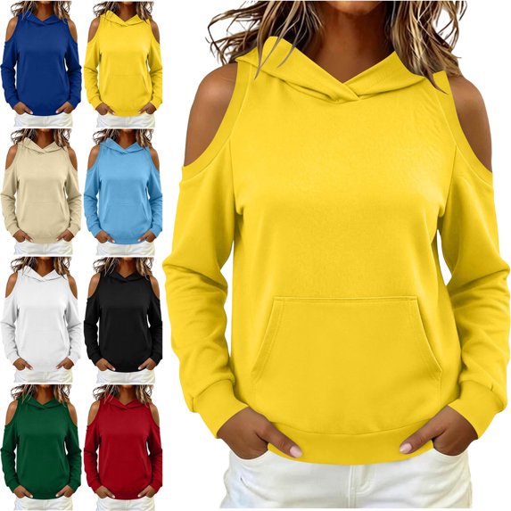 SYwaren Women's Off Shoulder Pullover Hoodie Cutout Long Sleeve Casual Sweatshirt Solid Color Fall Winter