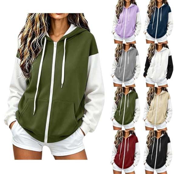 Color Block Hoodies for Women Zip Up Long Sleeve with Pockets Oversized Casual Fall Outfits