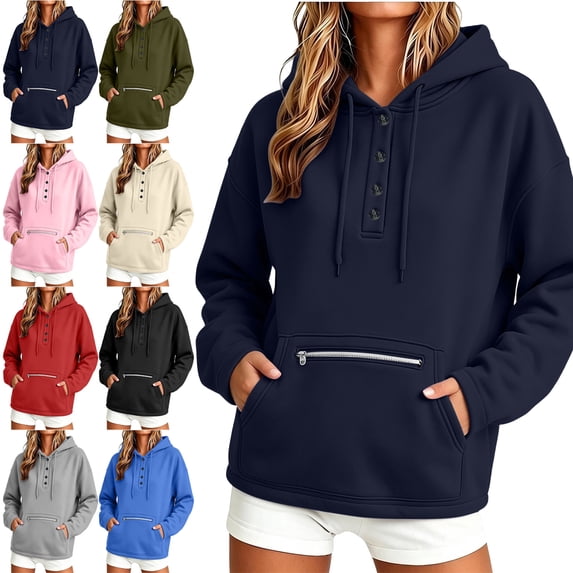 SYwaren Women's Oversized Pullover Hoodie Henley Long Sleeve Button Casual Sweatshirt Tops