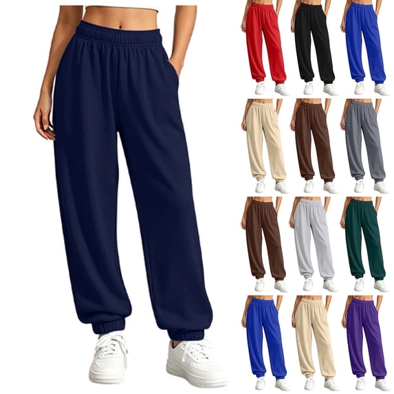SYwaren Women's Pants Fall Jogger Casual Fashion Fall Comfortable Solid Elastic Waist Pocket Full Length Pants