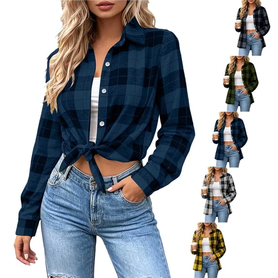 SYwaren Women's Plaid Shacket Lapel Button Down Cardigan Long Sleeve Loose Oversized Lightweight Casual Fashion Jacket Top