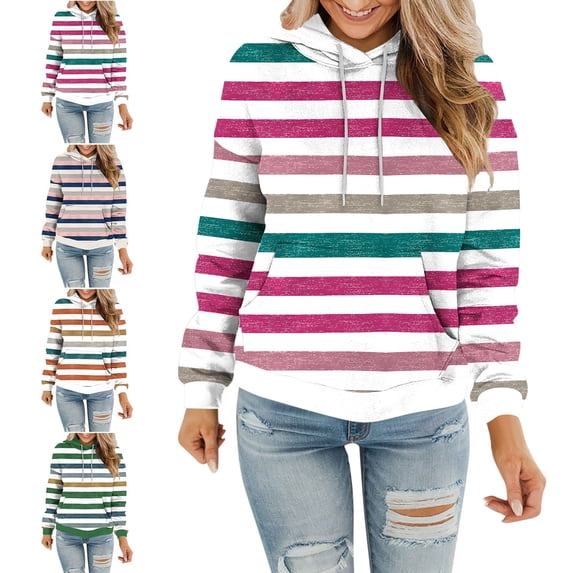 SYwaren Women's Pullover Hoodie Striped Long Sleeve Casual Sweatshirt with Pockets Tops