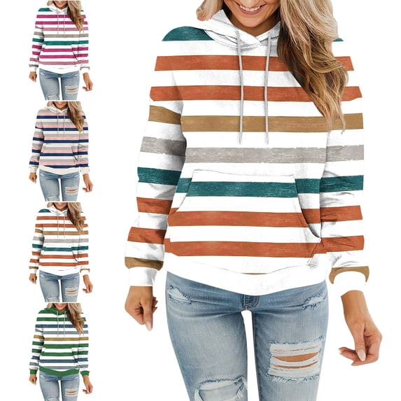 SYwaren Women's Pullover Hoodie Striped Long Sleeve Casual Sweatshirt with Pockets Tops