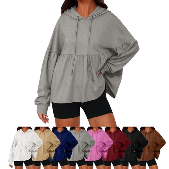 SYwaren Women's Ruched Pleated Hem Hoodie Long Sleeve Sweatshirt Solid Color Tops