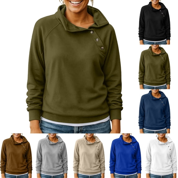 SYwaren Women's Stylish Sweatshirt Solid Color Turn Down Collar Button Long Sleeve Hoodless Casual Loose Fit Top