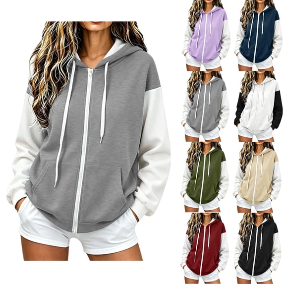 SYwaren Women's Trendy Hoodies Color Block Solid Zip Up Long Sleeve Drawstring Hooded Sweatshirt Jacket with Pockets