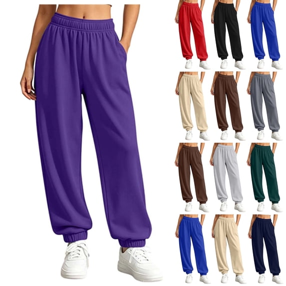 SYwaren Women's Wide Leg Sweatpants Casual Baggy Fall Comfortable Solid Elastic Waist Pocket Full Length Pants