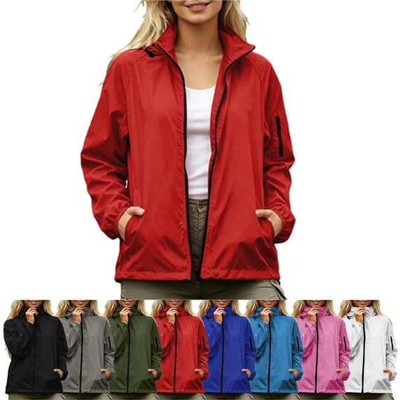 SYwaren Women's Windbreaker Rain Jacket Full Zip Hooded Water Resistant Windproof Fashion Long Sleeve Coat with Pockets