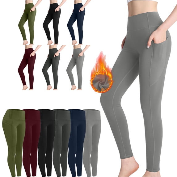 SYwaren Women's Workout Fleece Lined Leggings with Pockets Solid Color Thermal Yoga Fitness Gym Athletic Warm Pants