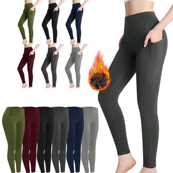 SYwaren Women's Yoga Fleece Lined Leggings with Pockets Solid Color Thermal Workout Fitness Gym Active Warm Pants