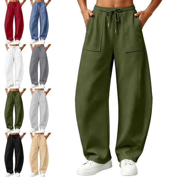 SYwaren Womens Baggy Casual Pants Curved Hem Drawstring Elastic Waist Loose Athletic Sweatpants with Pockets