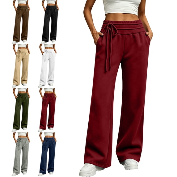 SYwaren Womens Casual Wide Leg Sweatpants Loose Baggy Elastic Waist Drawstring Solid Winter Fashion Flowy Lounge Pants with Pockets