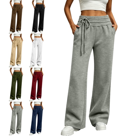 SYwaren Womens Fashion Wide Leg Sweatpants Casual Loose Baggy Elastic Waist Drawstring Solid Color Winter Comfy Everyday Lounge Pants with Pockets