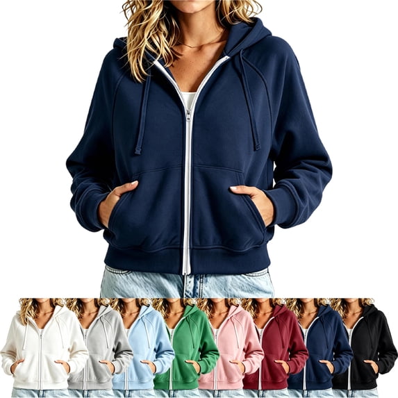 SYwaren Zip Up Hoodie for Women Fashion Classic Long Sleeve Lapel Stand Collar Drawstring Short Solid Color with Pockets Trendy Stylish
