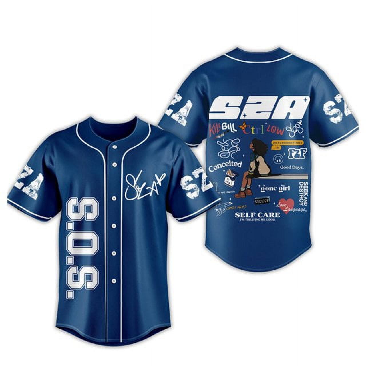 SZA SOS Merch Jersey Baseball blue Shirt V-Neck Short Sleeve Tee 2023 ...