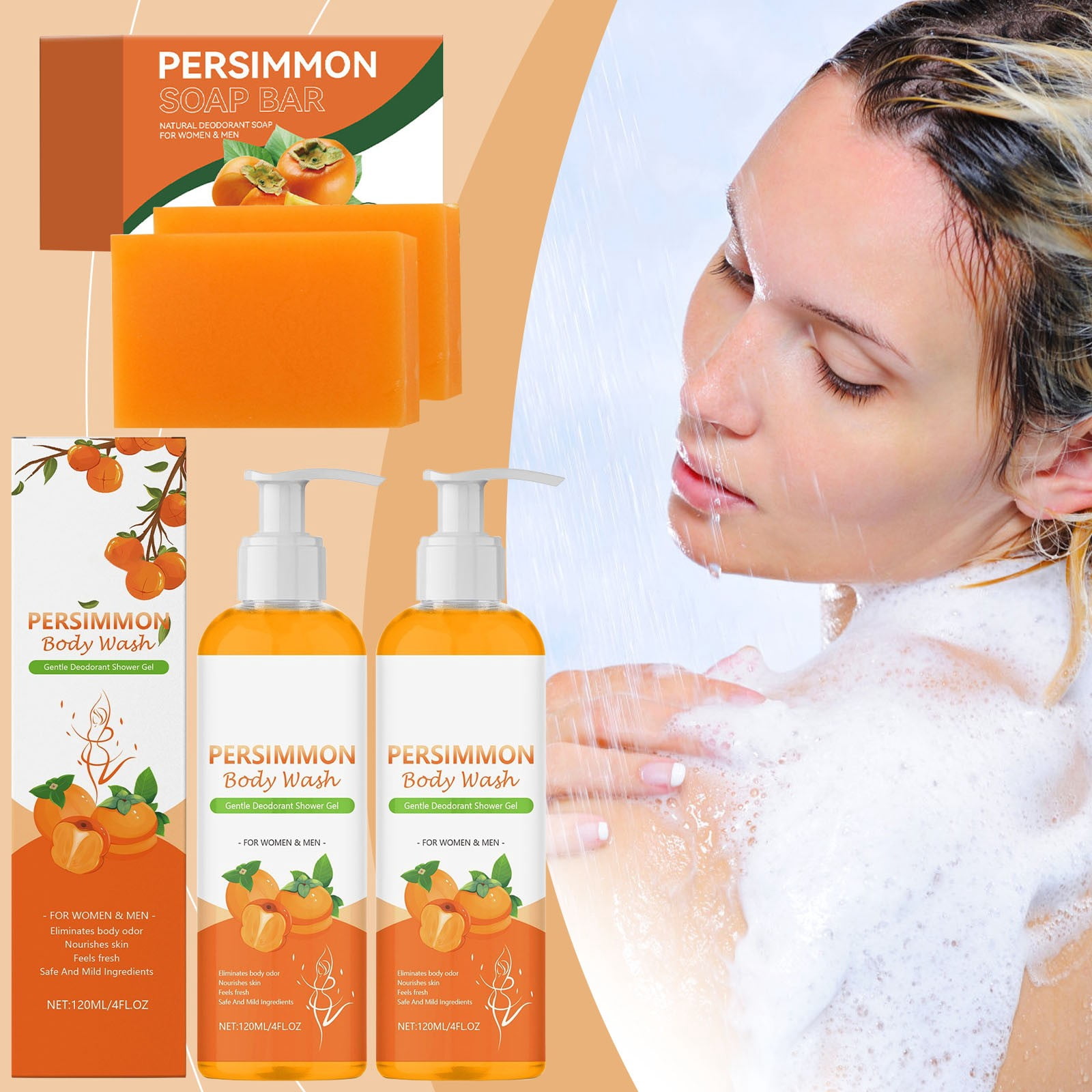 SZBAOAN Persimmon Soap Bar and Body Wash Set,Natural Deodorant for Old People Smell & Smelly Feet,Remove Body Odor,Nourishes Skins,Natural Persimmon Body Shower for Women & Men