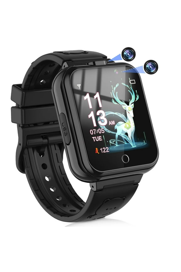 Kids Game Smart Watch for Boys Girls,Smart Wristwatch for Kids with 24 Games 5 Languages 3 Alarms 2 Cameras Music Torch Pedometer Calendar,Christmas Gifts for Children(Black)