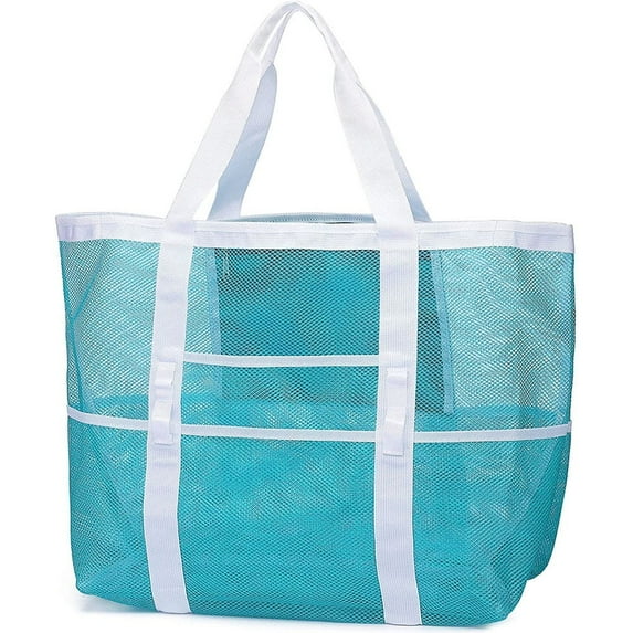 SZBXD Mesh Beach Bag,Large Capacity Shoulder Beach Handbag with 9 Pockets - Suitable for Beach Picnic Shopping Vacation Travel,Sky Blue