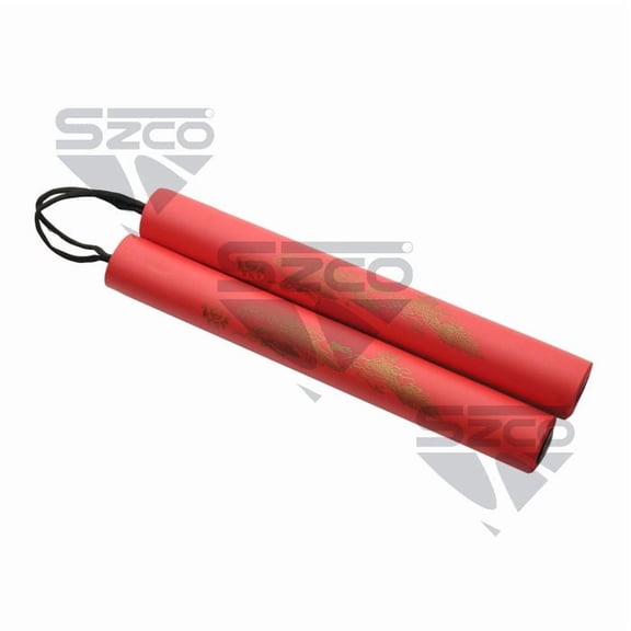 SZCO 10" Red Foam Nunchucks with Gold Dragon Decal, Lightweight Padded Design with Paracord, Decorative Prop