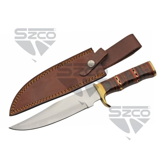 SZCO 12.5 Inch Filework Stacked Leather Decorative Hunter Stainless Steel Blade with Leather Handle & Sheath
