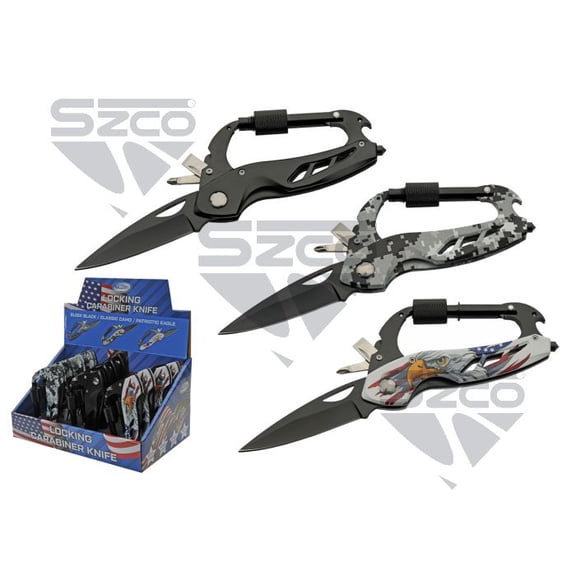 SZCO 12-Piece Carabiner Multi-Tool Set with Screwdrivers, Bottle Opener & Glass Breaker  Compact Display Collection