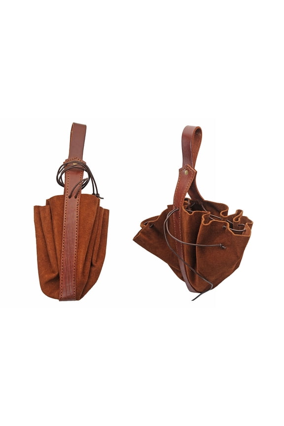 Medieval Brown Drawstring Pouch Suede Leather Belt Pouch with Black Cord Closure Belt Loop Renaissance Costume Accessory