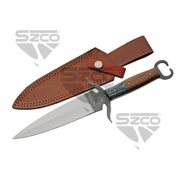 SZCO 13" Forged Manta Outdoor Tool with 6" Carbon Steel Blade, Wood Handle, Blue/Black Bolster and Leather Sheath