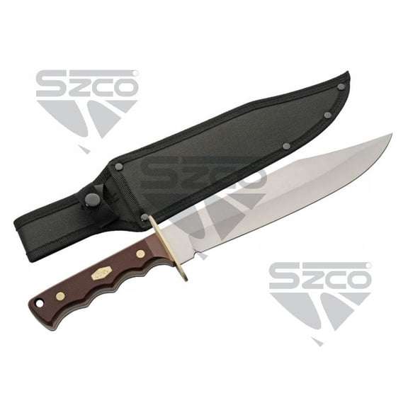 SZCO 15.25 Inch Rancher Decorative Bowie Tool Stainless Steel Blade with Pom Handle & Leather Sheath