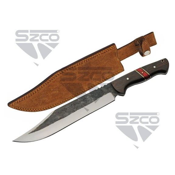 SZCO 15" Forged Outdoor Bowie with 9.75" Carbon Steel Blade, Wenge Wood Handle, Red/Brass Spacers and Leather Sheath