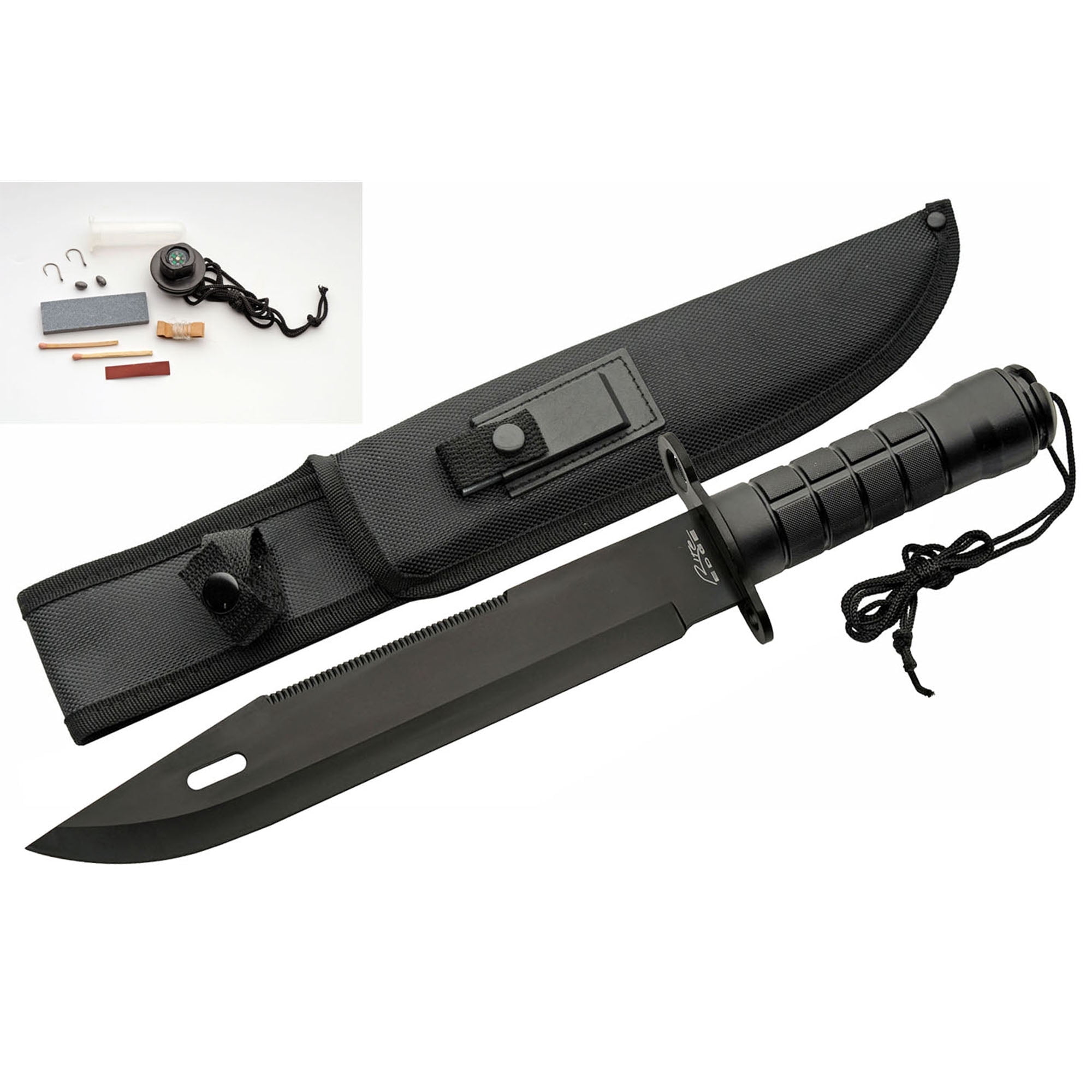 SZCO 15-Inch Survival Field Knife Black 420 Steel Fixed Blade with Saw Back Serrations, Rubberized Grip, and Integrated Emergency Survival Kit