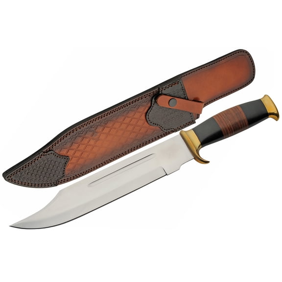 SZCO 18" Monster Bowie Knife with Leather Stacked Handle, Utility Knife Stainless Steel Blade & Leather Sheath
