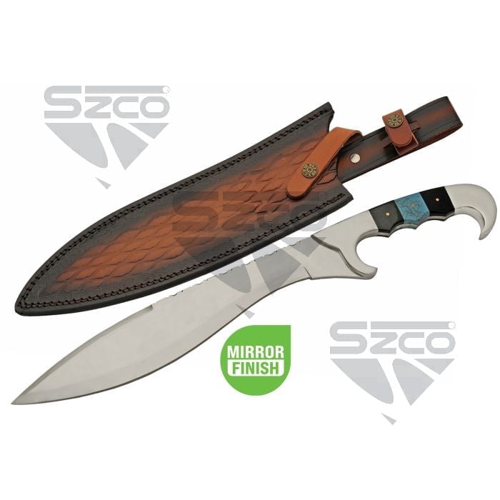 SZCO 18-Inch Heritage Fixed-Blade Field Knife 12.5-Inch Mirror-Polished Stainless Steel Blade with Artisan File-Work and Leather Sheath