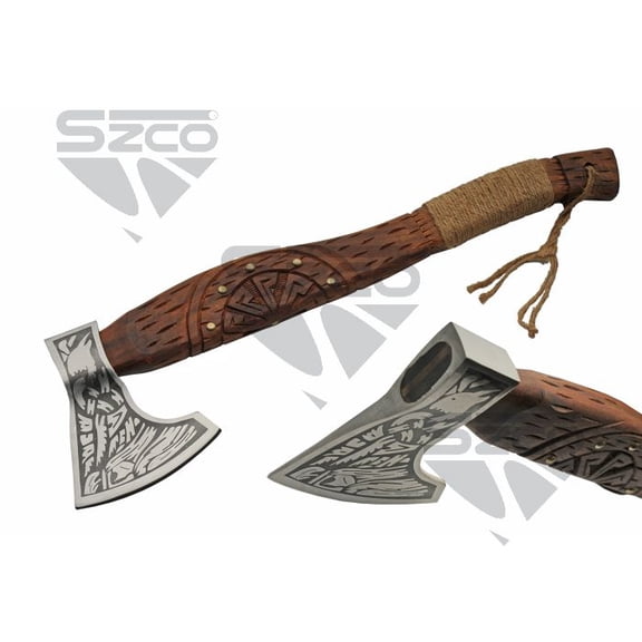 SZCO 22" Viking Compass Axe with Etched Stainless Steel Blade, Engraved Ashwood Handle & Leather Sheath