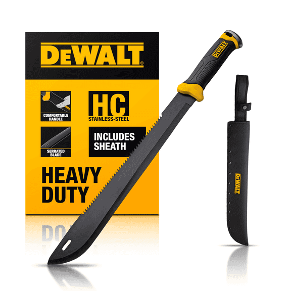 DEWALT 24 Inch MA60 Field Machete - Full Tang Stainless Steel Blade with Saw Back Construction & Non-Slip TPR Handle with Nylon Sheath for Brush Clearing, Yard Work, Camping & Outdoor Use