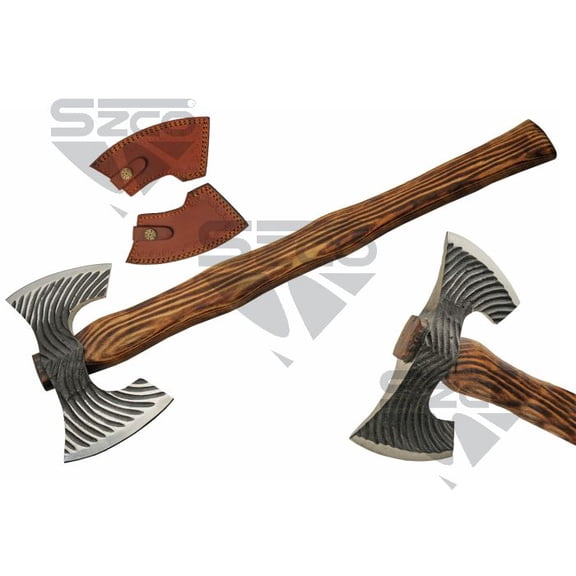 SZCO 26.5" Double Grooved Axe with Dual Grooved Blade, Ashwood Handle & Leather Sheath – Decorative Medieval Axe