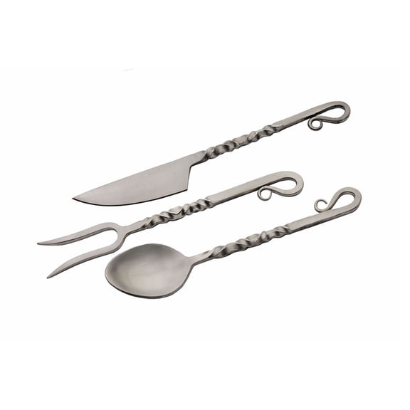 SZCO 3 Piece Satin Twisted Utensil Set Stainless Steel Spoon Fork and Knife Camping Cutlery Set with Leather Sheath for Outdoor Dining