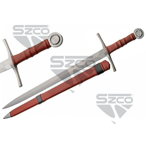 SZCO 37.5" Medieval Knight Sword with 25" 1065 Carbon Steel Blade, Leather Handle and Sheath