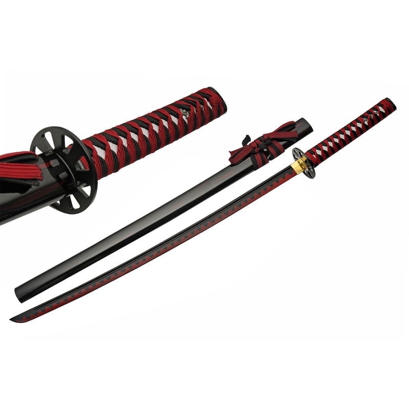 SZCO 39 Inch Decorative Samurai Style Sword Red Black Blade Carbon Steel 1045 Wood Scabbard Display Collectible Traditional Design Home Decor