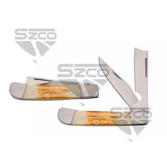 SZCO Heritage 4.25-Inch 2-Blade Razor Trapper Traditional Bone Handle Folding Tool Stainless Steel Razor and Clip Blades with Brass Lining