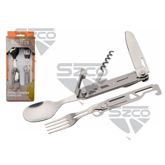 SZCO 4" 6-Function Camping Multi Tool with Blade, Spoon & Fork, Bottle Opener, Corkscrew & Nylon Sheath