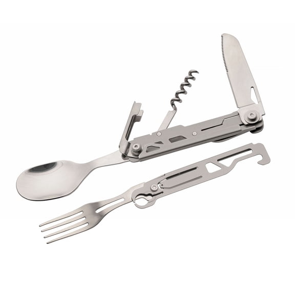 SZCO 4" 6-Function Camping Multi Tool with Blade, Spoon & Fork, Bottle Opener, Corkscrew & Nylon Sheath